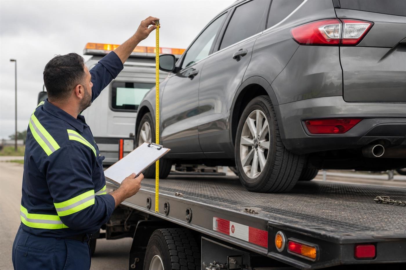 Operator reviewing vehicle dimensions before flatbed loading